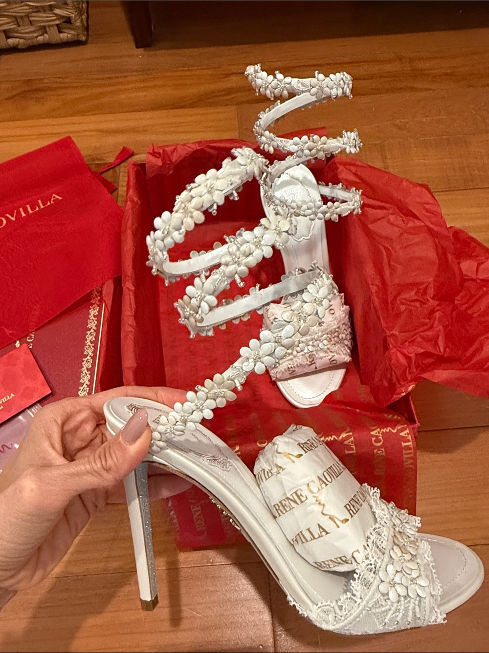 Rene Caovilla White Bloom Spiral-Ankle Stiletto Sandals new in box 37